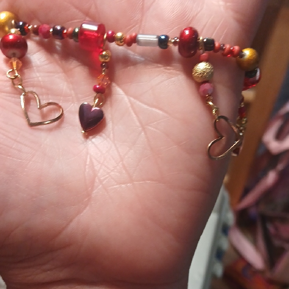 Gold and Red Heart Charm Bracelet